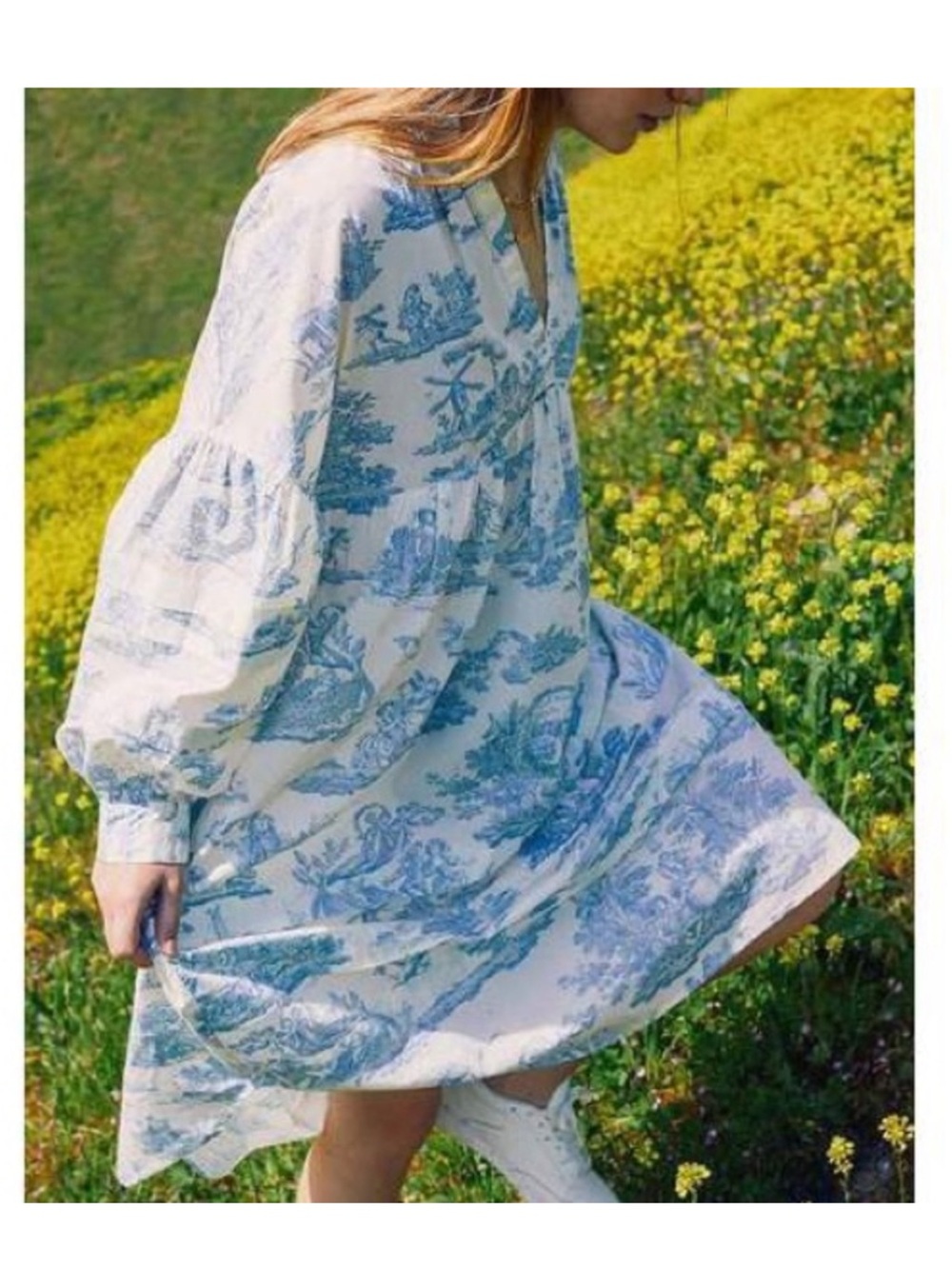 Laura Ashley x Urban Outfitters Cream and Blue Toile Midi Smock Dress